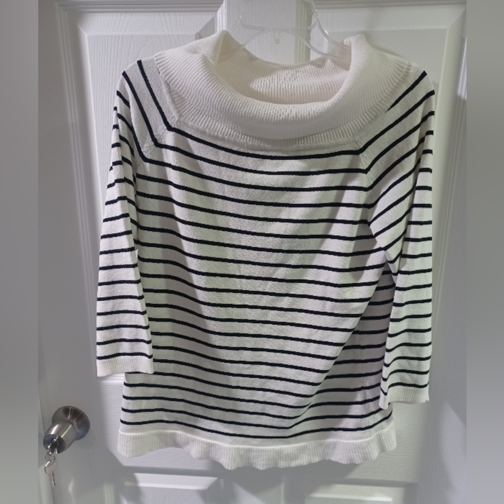 Cable & Gauge Black and White Striped Cowl Neck Sweater